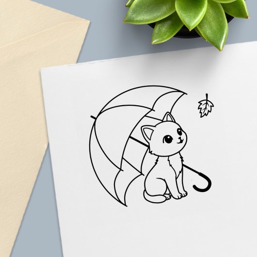 Cute Cat Umbrella Leaf Permastempel