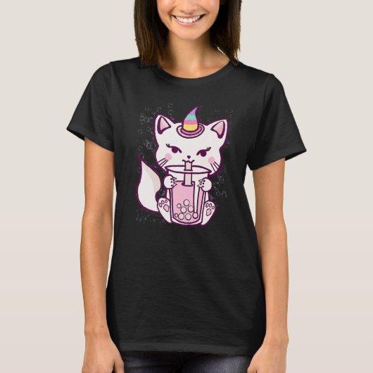 Cute Cat Unicorn Drinking Bubble Tea T-Shirt (Vorderseite)