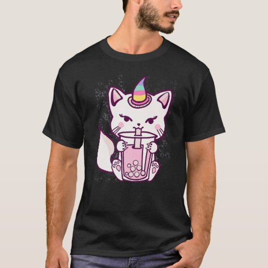 Cute Cat Unicorn Drinking Bubble Tea T-Shirt (Vorderseite)