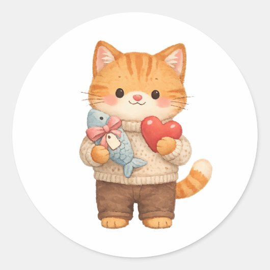Cute Cat Valentine Kitten Holding Heart Gift Runder Aufkleber (Vorderseite)
