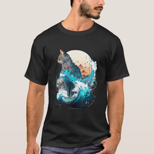 Cute Cat with a ocaen wave Illustration 1 T-Shirt (Vorderseite)