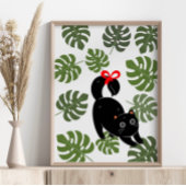 Cute Cat With Bow Monstera Leaves Poster