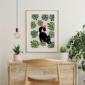 Cute Cat With Bow Monstera Leaves Poster