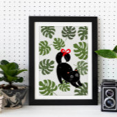 Cute Cat With Bow Monstera Leaves Poster