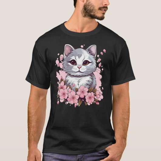 Cute Cat With Cherry Blossoms I Kids Cat (4) T-Shirt (Vorderseite)