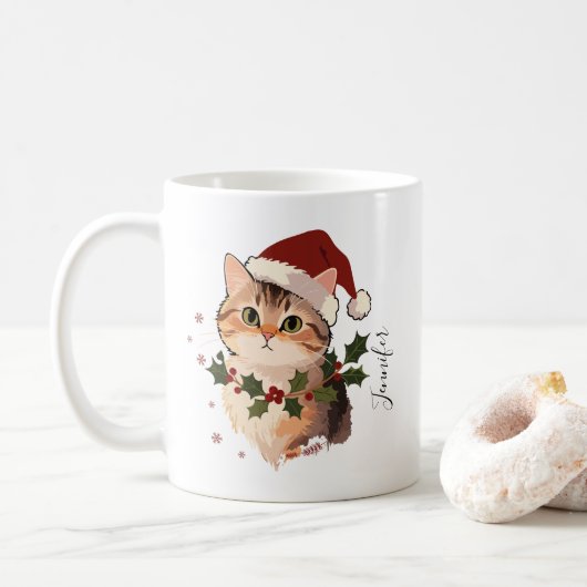Cute Cat with Christmas hat Personalized Name Kaffeetasse (Mit Donut)