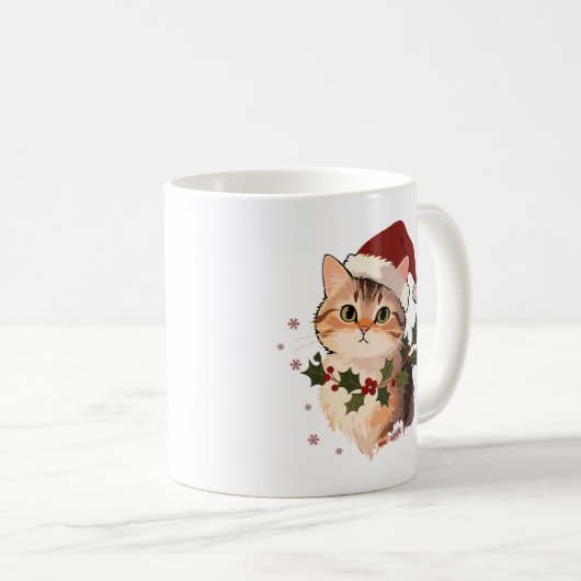 Cute Cat with Christmas hat Personalized Name Kaffeetasse (VorderseiteRechts)