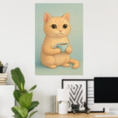 Cute Cat with Coffee Cup – Adorable Pastel Animal Poster (Heimbüro)