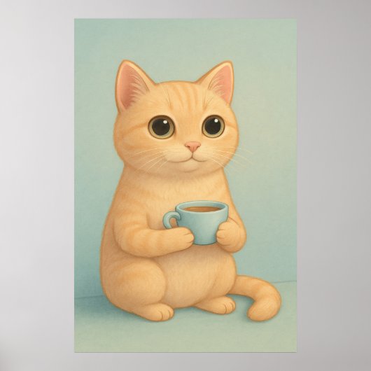 Cute Cat with Coffee Cup – Adorable Pastel Animal Poster (Vorne)