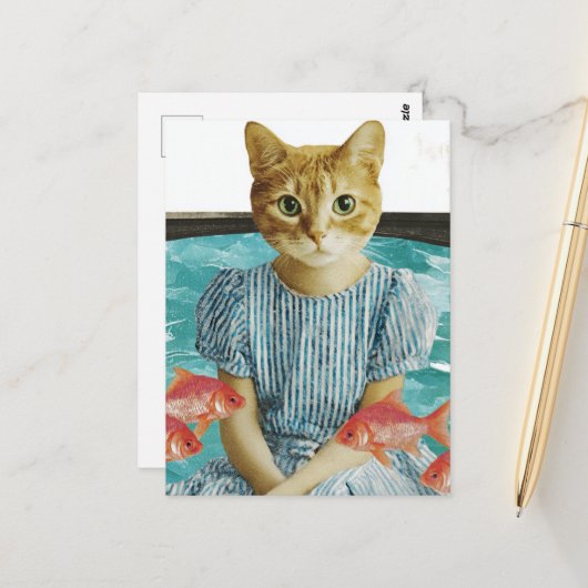 Cute Cat With Goldfish Retro Collage Postkarte (Vorderseite/Rückseite Beispiel)