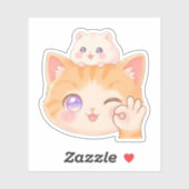 Cute Cat with Hamster on Head - OK Sign Sticker (Blatt)