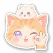 Cute Cat with Hamster on Head - OK Sign Sticker (Vorderseite)