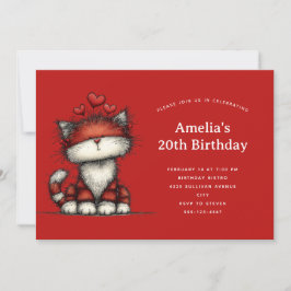 Cute Cat with Red Love Hearts Birthday Einladung