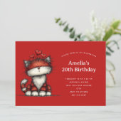 Cute Cat with Red Love Hearts Birthday Einladung (Stehend Vorderseite)