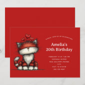 Cute Cat with Red Love Hearts Birthday Einladung (Vorne/Hinten)
