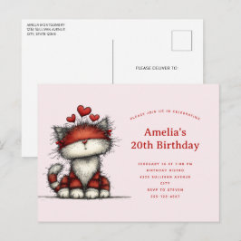 Cute Cat with Red Love Hearts Birthday Einladungspostkarte