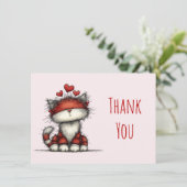 Cute Cat with Red Love Hearts Dankeskarte (Stehend Vorderseite)
