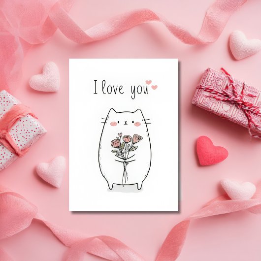 Cute Cat with Roses Valentine`s Day Card  Karte