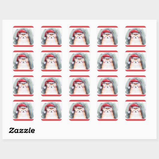 Cute Cat with Santa Hat Square Stickers (Blatt)