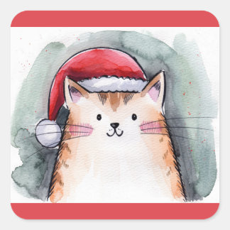 Cute Cat with Santa Hat Square Stickers