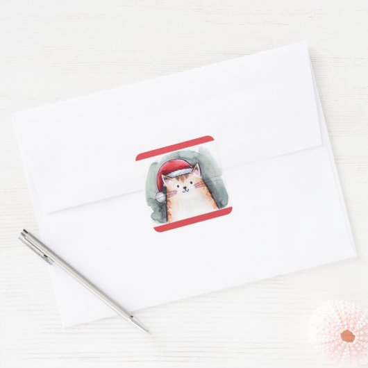 Cute Cat with Santa Hat Square Stickers (Umschlag)