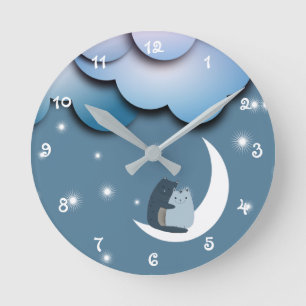 Cute Cats Cuddling on the Moon Art Runde Wanduhr