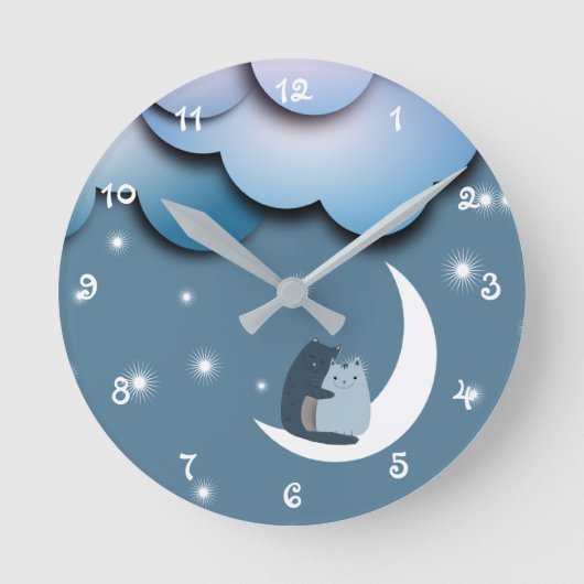 Cute Cats Cuddling on the Moon Art Runde Wanduhr (Vorderseite)