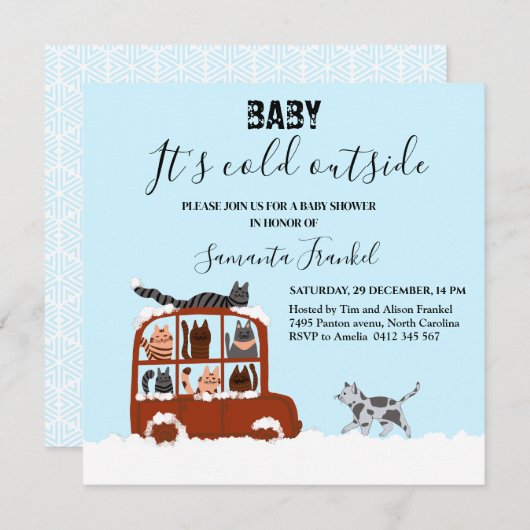 Cute Cats in car Winter Cold Baby Shower Einladung (Vorne/Hinten)