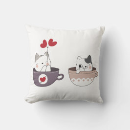 Cute Cats in Cups with Heart Ballons Kissen