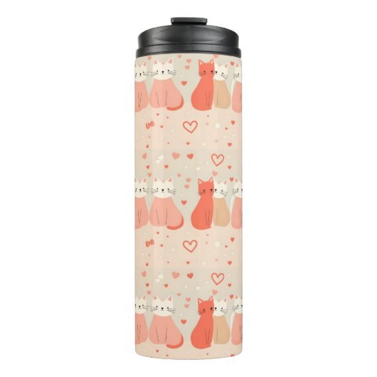 Cute Cats Love Valentine Hearts Pattern Coral Pink Thermosbecher (Vorderseite)