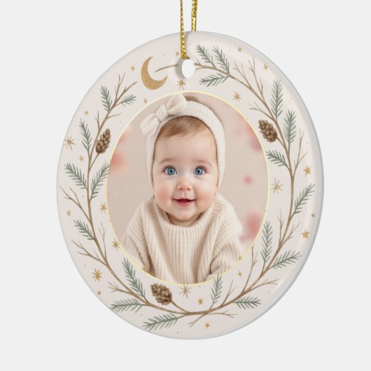 Cute Celestial Baby First Christmas Photo Keramik Ornament (Links)