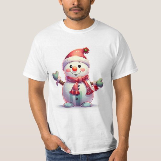 Cute Cheerful Snowman Wearing Santa Hat and Scarf T-Shirt (Vorderseite)