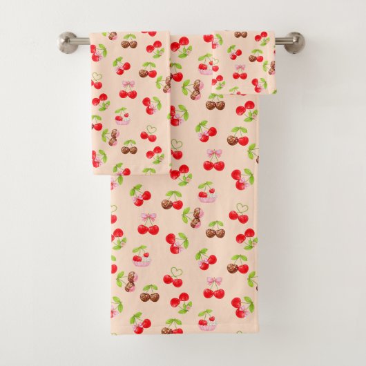 Cute Cherry and Bow Pattern Sweet Aesthetic Badhandtuch Set (Insitu)