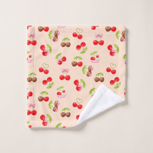 Cute Cherry and Bow Pattern Sweet Aesthetic Badhandtuch Set (Waschlappen)