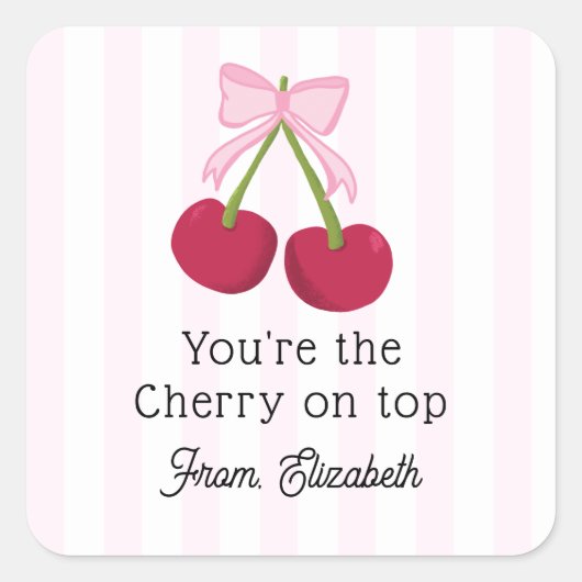 Cute Cherry Bow Pink Stripes Coquette Aesthetic Quadratischer Aufkleber (Vorderseite)