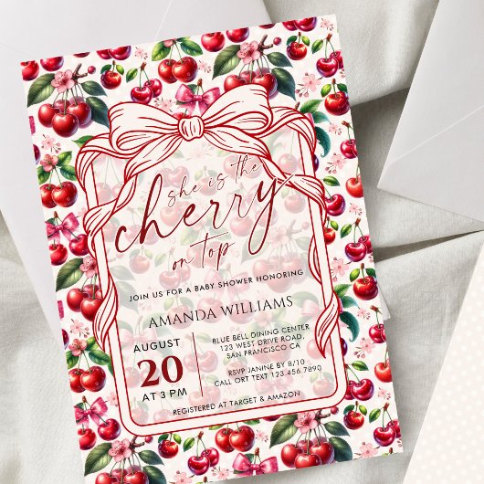 Cute Cherry Bow Themed Baby Shower Invitation Einladung
