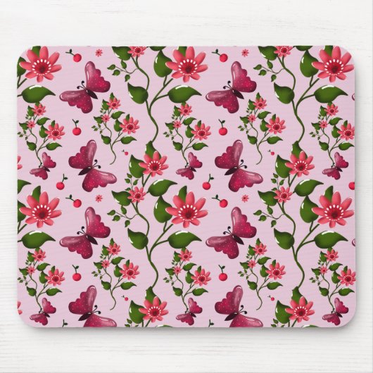 Cute Cherry Butterfly Pattern, Glossy Kawaii Fruit Mousepad (Vorne)