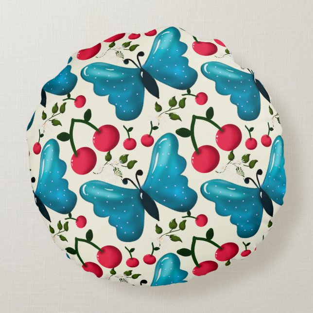 Cute Cherry Butterfly Pattern, Glossy Kawaii Fruit Rundes Kissen (Rückseite)