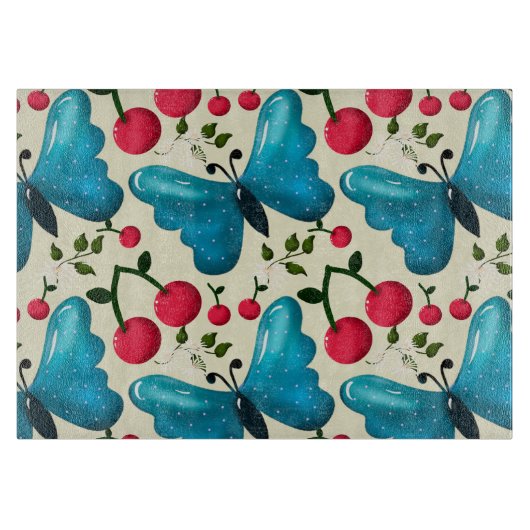 Cute Cherry Butterfly Pattern, Glossy Kawaii Fruit Schneidebrett (Vorderseite)