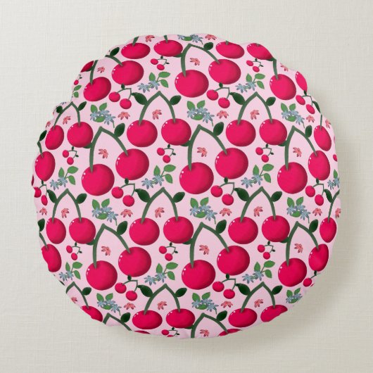 Cute Cherry  Pattern, Glossy Kawaii Fruit Rundes Kissen (Vorderseite)