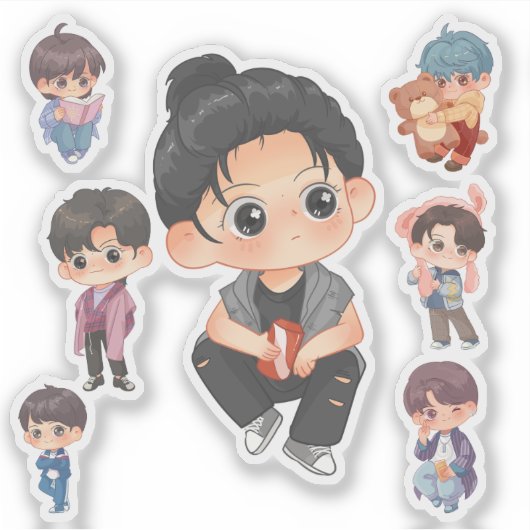 Cute Chibi Anime Boy Vinyl Sticker Set (Vorderseite)