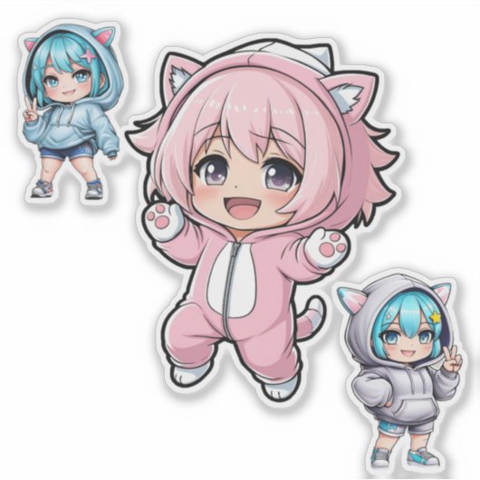 Cute Chibi Anime Cat Hoodie Girl Vinyl Sticker (Vorderseite)