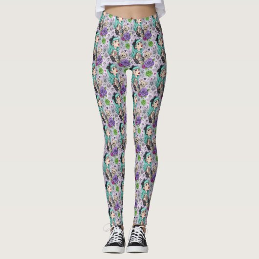 Cute Chibi Girl & Floral Pattern Leggings (Vorderseite)