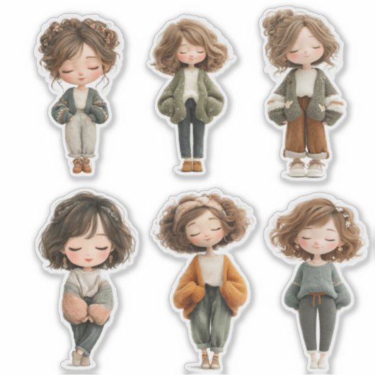 Cute Chibi Girl Sticker Sheet – Closed Eyes Poses (Vorderseite)
