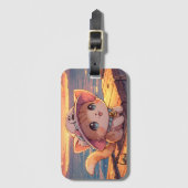 Cute Chibi Kitten at the Harbor Sunset – Whimsical Gepäckanhänger (Vorderseite Vertikal)