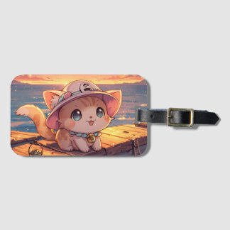 Cute Chibi Kitten at the Harbor Sunset – Whimsical Gepäckanhänger