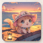 Cute Chibi Kitten at the Harbor Sunset – Whimsical Getränkeuntersetzer (Vorderseite)