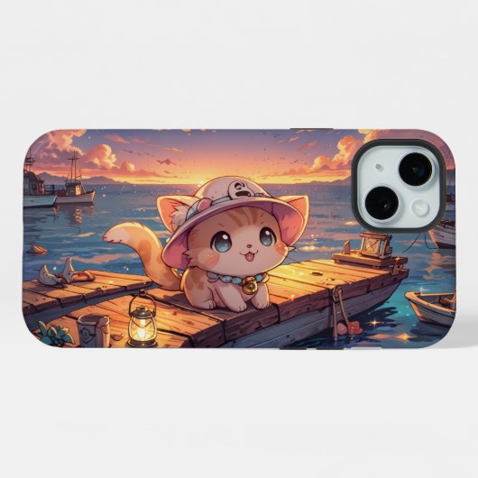 Cute Chibi Kitten at the Harbor Sunset – Whimsical iPhone Hülle (Rückseite (Horizontal))