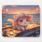 Cute Chibi Kitten at the Harbor Sunset – Whimsical Mousepad (Vorne)