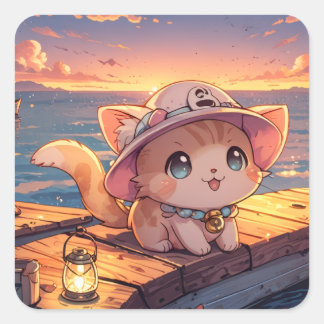 Cute Chibi Kitten at the Harbor Sunset – Whimsical Quadratischer Aufkleber
